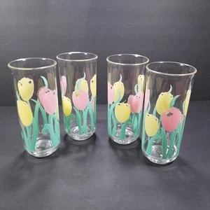 Spring Tulip Tumblers Culver Set of 4 Four Acrylic 6 3/4" Tall Pink & Yellow - Picture 1 of 10