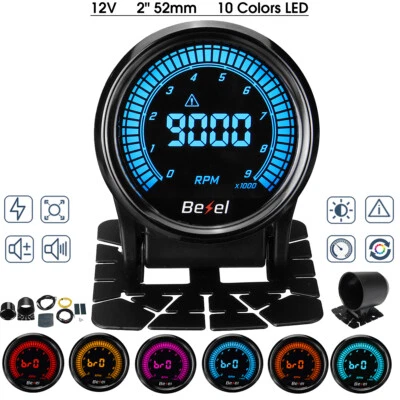 2" 52mm Universal Tachometer Gauge 10 Color 0-9000 RPM Digital LED Display 12V - Image 1 of 4