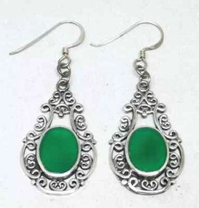 Pendientes colgantes de plata esterlina 925 natural de ónix verde calados de colección - Imagen 1 de 12