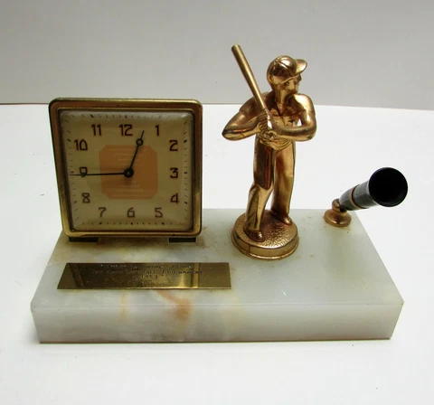 RARE Vintage MCM 1953 Lux Alarm Clock US 3rd Army Softball Trophy & Pen Holder Cover