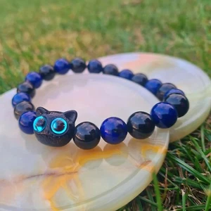 Süße Augen Katze Heilarmband mit natürlich gefärbtem Lapislazuli & glänzendem Obsidian, - Bild 1 von 5