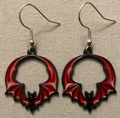 BAT EARRINGS - Small Red & Black Pewter w/SS Ear Wires - VAMPIRE BAT HALLOWEEN - Image 1 of 4
