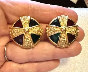 Anne Klein AK Maltese Cross Earrings Gold Tone W/ Red,Blue,Green Purple Gripoix - Picture 1 of 4