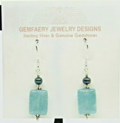 Pendientes colgantes de plata esterlina aguamarina y perlas piedras preciosas #5451... hechos a mano en EE. UU. Foto 1 de 4