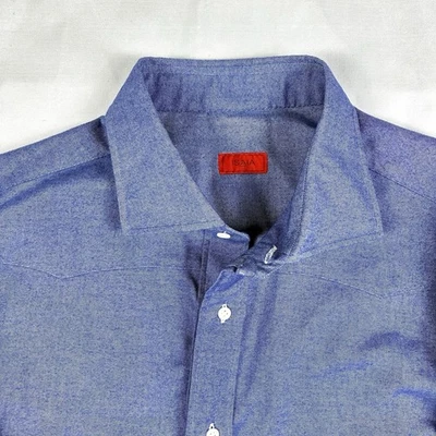 Camisa Isaia Napoli Para Hombres Azul Denim Sarga Algodón Talla Grande Hecha en Italia Recortada Foto 1 de 4