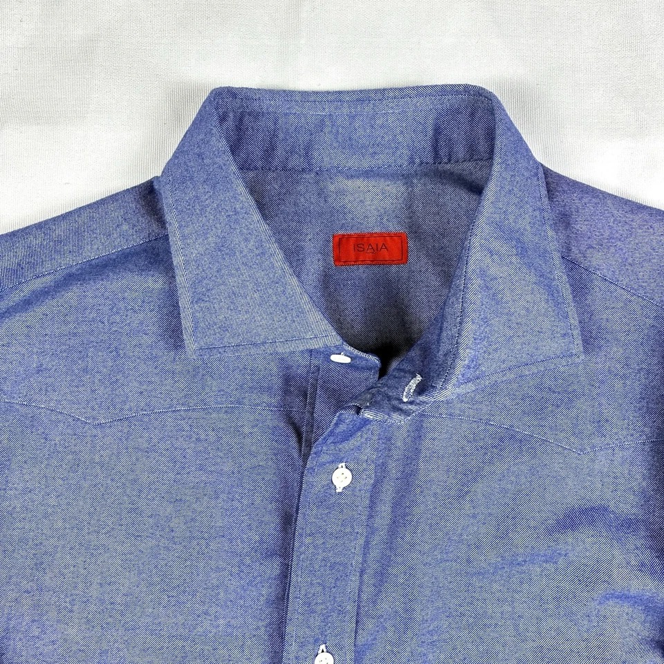 Camisa Isaia Napoli Para Hombres Azul Denim Sarga Algodón Talla Grande Hecha en Italia Recortada Foto 1 de 4