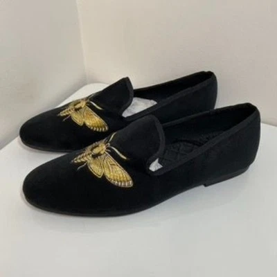 H&M Velour Slip-On Loafers Men's 10.5 Gold Embroidered Cicada Moth - Like Nw - Image 1 of 4