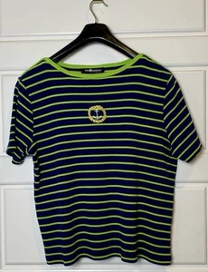 Sag Harbor Sport Woman Lime Gr./Navy Striped Short Sleeve Shirt w/Snap Shoulder - Picture 1 of 8