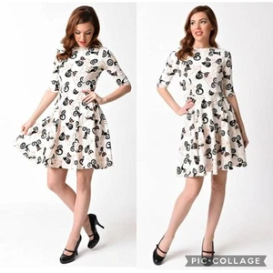 UNIQUE VINTAGE Cream Black Halloween Curly Tail Cats Print Fit & Flare Dress XL - Picture 1 of 19