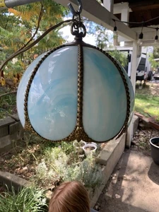 Vintage Light Blue Slag/ Stained Glass Hanging Lamp With Metal Trim 9” - Picture 1 of 4