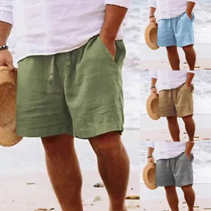 Mens Cotton Linen Shorts Summer Beach Hawaiian Drawstring Waist Short Pants ⁿ - Picture 1 of 16