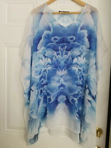 Women's X-Two Silky White Blue Lightweight Sheer Flowy Oversized Poncho Top 14 - Picture 1 of 12
