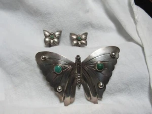 1920-40’s Large Mexican Sterling Butterfly Pin Earrings w/Turquoise No Antennae - Picture 1 of 12