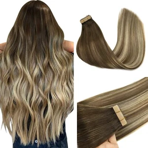 Tape in Hair Extension Human Hair 24" Balayage Walnut Brown to Ash Brown/Blonde - Picture 1 of 9