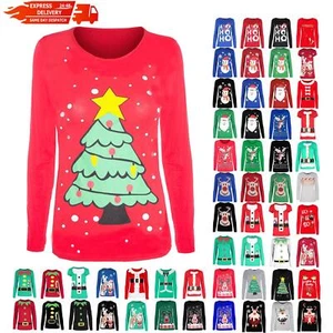 Womens Christmas T Shirt Ladies Xmas Tree Bell Present Gift Snowman Reindeer Top - Picture 1 of 84