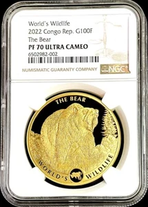 2022 GOLD CONGO DEM REPUBLIC 300 MINTED 100 FRANCS 1 OZ BEAR COIN NGC PF 70 UC - Picture 1 of 2