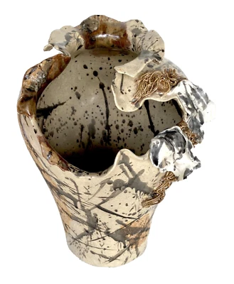 Vtg 3-D Ruffled, Spaghetti Strand Studio Art pottery Vase, Signed E Roberts 11" - Image 1 of 4