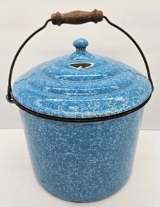 Blue Speckle Enamel Cooking Pot & Lid 5 Qt RARE Antique Country Kitchen - Picture 1 of 11