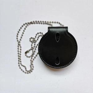 Round Leather Plc Clip Badge Holder with Chain 7.2cm in Diameter - Picture 1 of 4