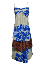 Beige Blue Floral Dress Ruffled Spaghetti Strap Recycled Sari Printed Sundress