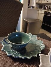 Vintage...Woodfield Steubenville Green And Gray Leaf Cups and Serving Saucers