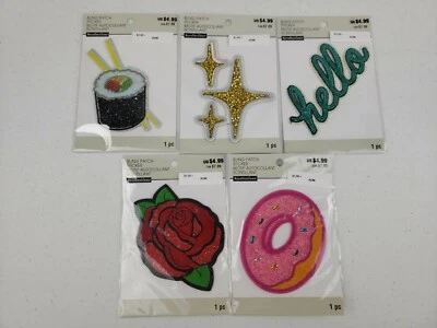LOT OF 5 Bling Patches Stickers Sushi Light Shine Gold Cross Hello Rose Donut - Image 1 of 4