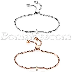Damen einfach poliert Edelstahl frei verstellbar Charm Kreuz Armband Kette - Bild 1 von 11