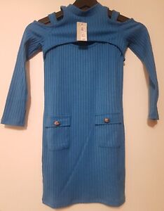 River Island Girls Blue Ribbed Shoulder Pocket Dress Size 7-8 Yrs