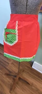 Vintage Handmade Half Apron 1950s bright red and green polka dots - Picture 1 of 4