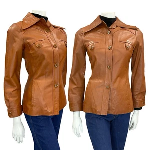 VTG 60S 70S TAN BROWN LEATHER SUPER WING DAGGER COLLAR LEATHER JACKET XS 6 - Picture 1 of 10
