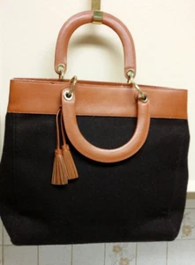Brooks Brothers Black Fiber Expandable Tote w Tan Leather Trim Tassels - Picture 1 of 6