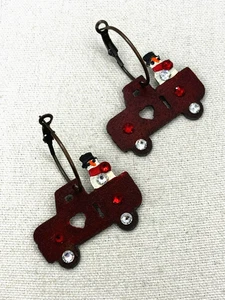 Handcrafted Rustic Metal Truck And Snowman Removable Dangle Charm Hoop Earrings - Picture 1 of 24