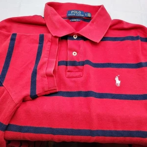 Polo Ralph Lauren Men's Classic Fit Red Navy Striped Pony Logo Polo Shirt Large - Picture 1 of 9