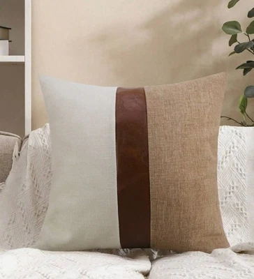 Pillow Cover LINEN COLOR BLOCK NAUGAHYDE INSERT Premium Quality - Image 1 of 4
