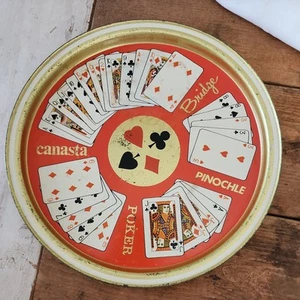 VINTAGE MCM Cocktail Bar Ware Serving Tray Card Game Bridge Poker Red Gold 10.5” - Picture 1 of 10