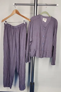 FLAX by Jeanne Engelhart Damen 2-teiliges Set Large lila kariert 100% Leinen Hose - Bild 1 von 7