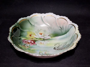 Antique Vintage Leuchtenburg, Germany Water Lilies & Swan 10" REFLECTIONS Bowl - Picture 1 of 4