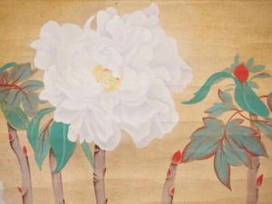 HANGER SCROLL JAPANESE PAINTING FROM JAPAN RED PEONY PICTURE OLD f865 - Picture 1 of 10