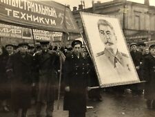 1940s Nostalgic Picture Soviet People Men Holding Portrait Stalin B&W Photo