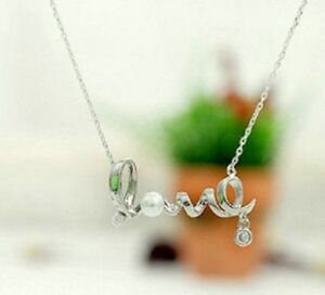 Silver tone word love chain necklace with pearl crystal