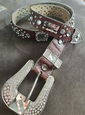 BROWN Square CRYSTALS CONCHO BUCKLE Belt WESTERN COWBOY GIRL 38" Large 