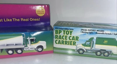 BP Tanker Truck Race Car Carrier Gas Station Hauler Lot Of 2 1990’s Toys Lights - Image 1 of 4
