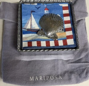Mariposa Bordered, Silvertone Napkin Holder w/ Seashell  Weight - Picture 1 of 5