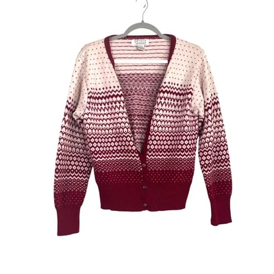 Cárdigan Suéter Vintage Años 90 Petite Sophisticate Fair Isle Rojo Crema Talla Mediana Foto 1 de 4