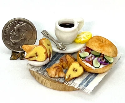 Artisan 1:12 Lunch Smoked Salmon Lox Bagel Pears Signed Dollhouse Miniature - Image 1 of 4