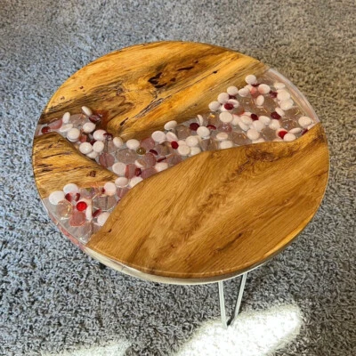 Transparent Resin Round Wooden Center Table Top, Console Wooden Table Decor - Image 1 of 3