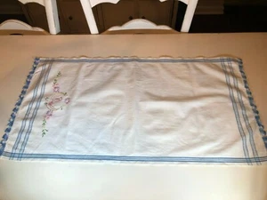 Vintage Dresser Scarf with Pink Bird in Basket and Blue Stripes - Picture 1 of 4