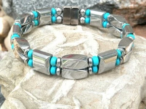 Silver Magnetic Hematite Bracelet Anklet w Chalk Turquoise USA Handmade - Picture 1 of 4