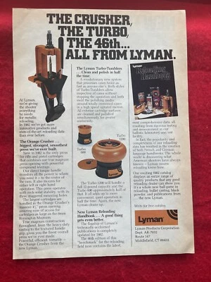 Anuncio de prensa de munición anuncio impreso trituradora naranja Lyman 1982 vintage Foto 1 de 4