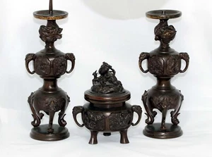 RARE ANTIQUE JAPANESE MEIJI BUDDHIST 3 PCE BRONZE DRAGON ALTAR SET SIGNED af - Picture 1 of 24